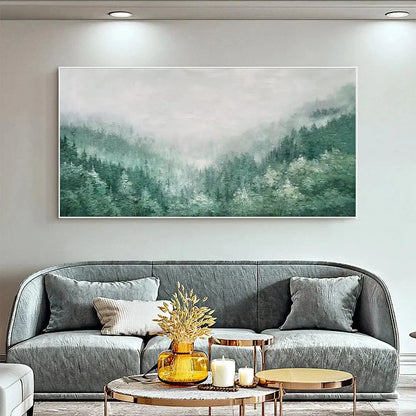 VALLEY OF THE EVERGREENS: Panoramic Evergreen Forest Landscape Oil Painting | black frame version on white wall