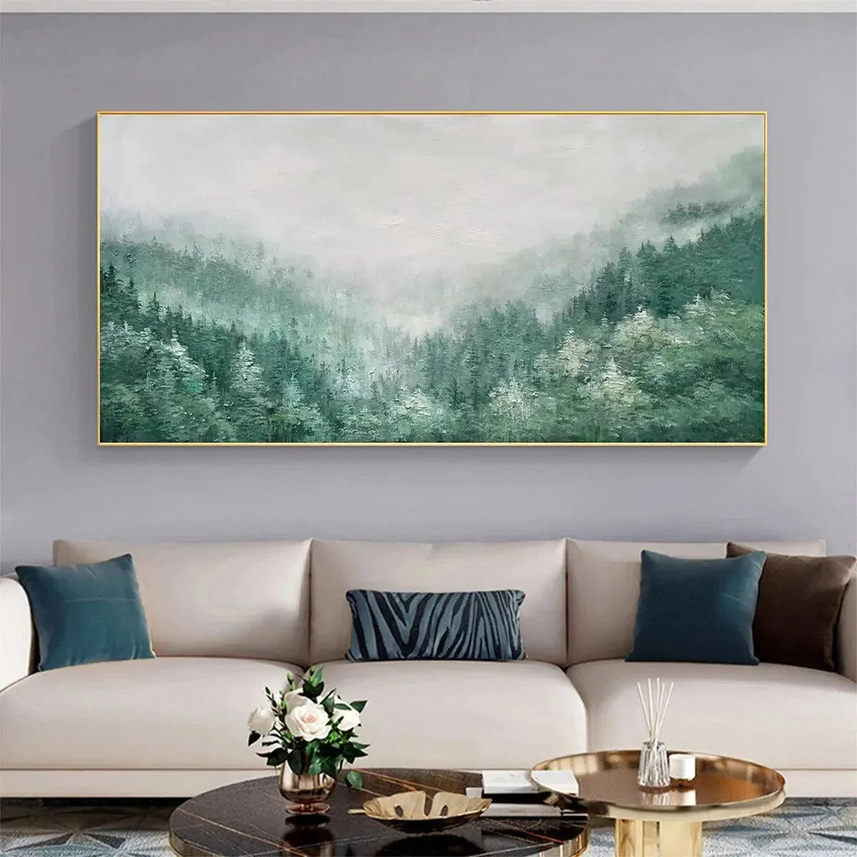 VALLEY OF THE EVERGREENS: Panoramic Evergreen Forest Landscape Oil Painting | Landscape mood, soft natural light studio shot