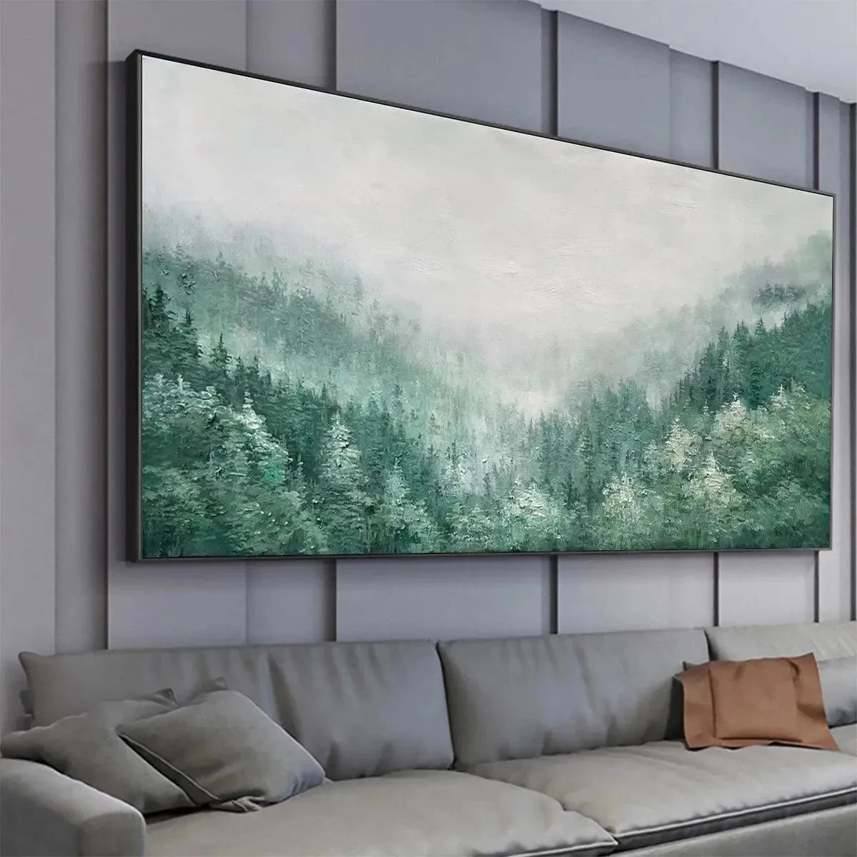 VALLEY OF THE EVERGREENS: Panoramic Evergreen Forest Landscape Oil Painting | green palette, original oil on stretched canvas art