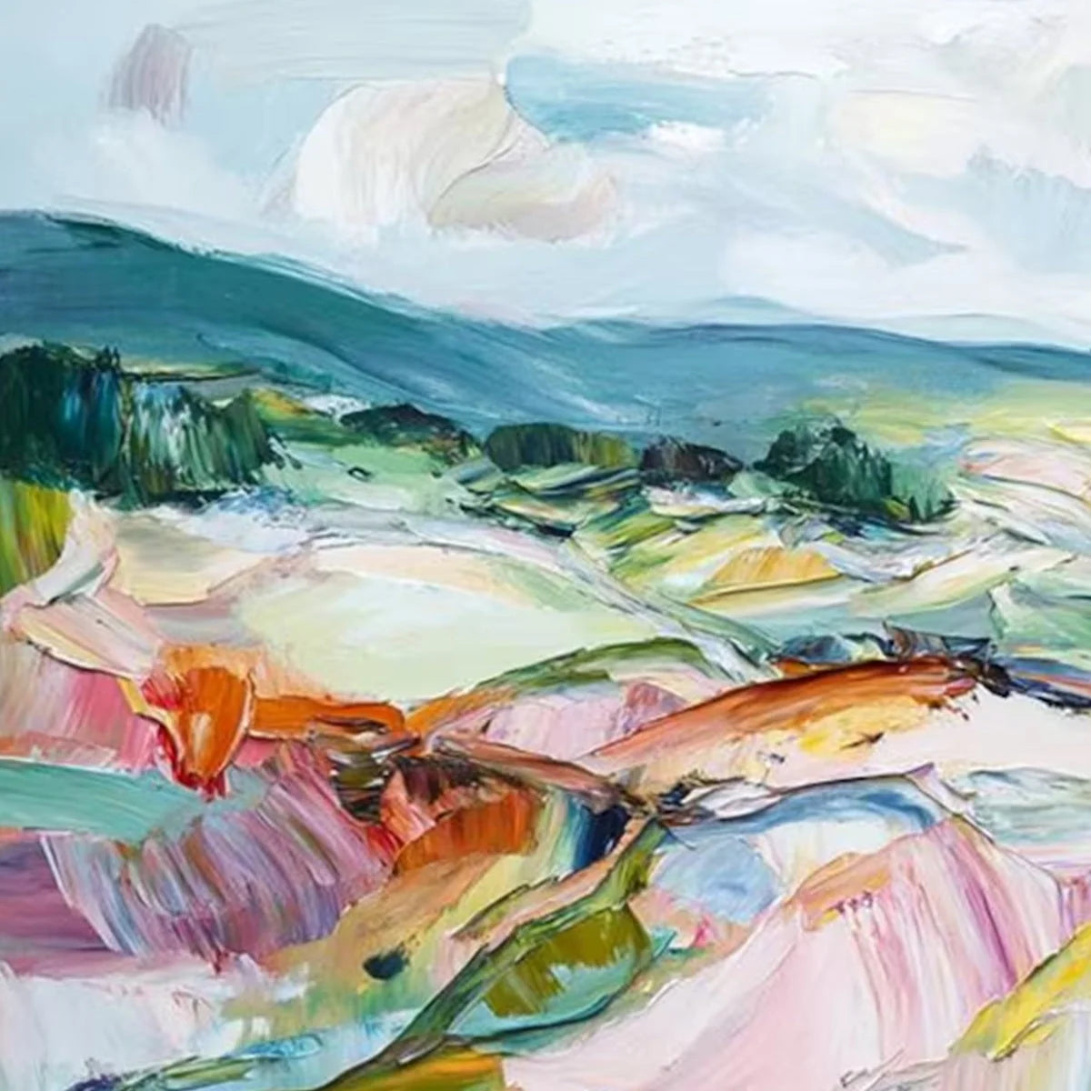 VALLEY IN BLOOM: Textured Palette Knife Abstract Landscape Painting | rectangular format, hand-painted canvas edge