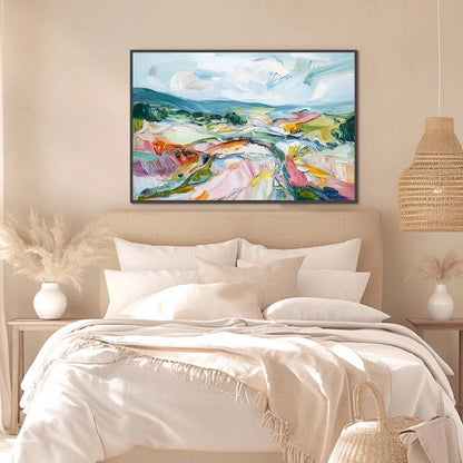 VALLEY IN BLOOM: Textured Palette Knife Abstract Landscape Painting | gold frame stretched on neutral wall