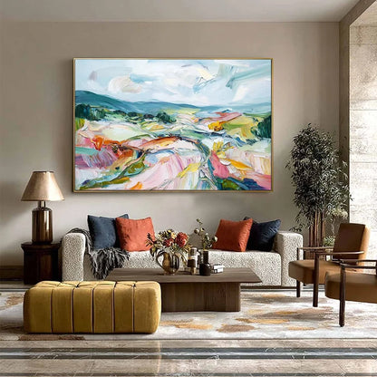 VALLEY IN BLOOM: Textured Palette Knife Abstract Landscape Painting | black frame version on white wall