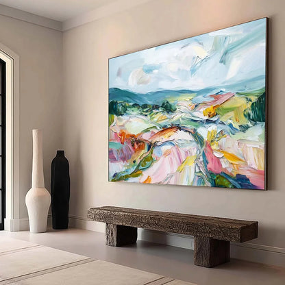 VALLEY IN BLOOM: Textured Palette Knife Abstract Landscape Painting | Abstract mood, soft natural light studio shot