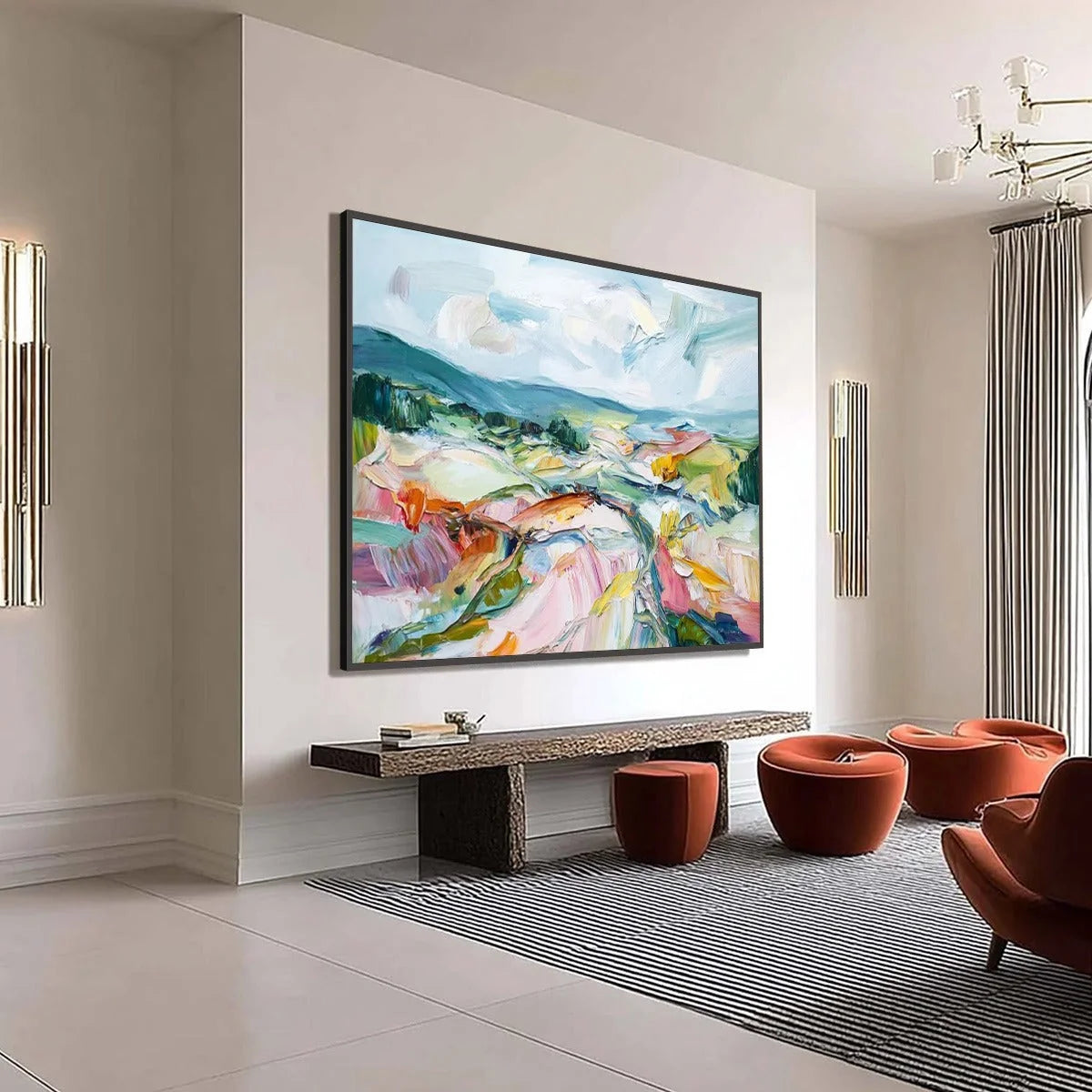 VALLEY IN BLOOM: Textured Palette Knife Abstract Landscape Painting | multi-color palette, original oil on stretched canvas art