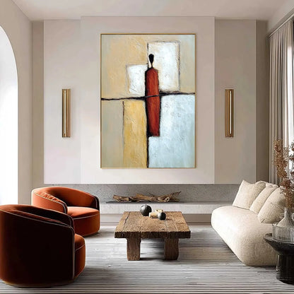 VANGUARD: Textured Abstract Figurative Painting for Modern Decor | gold frame stretched on neutral wall