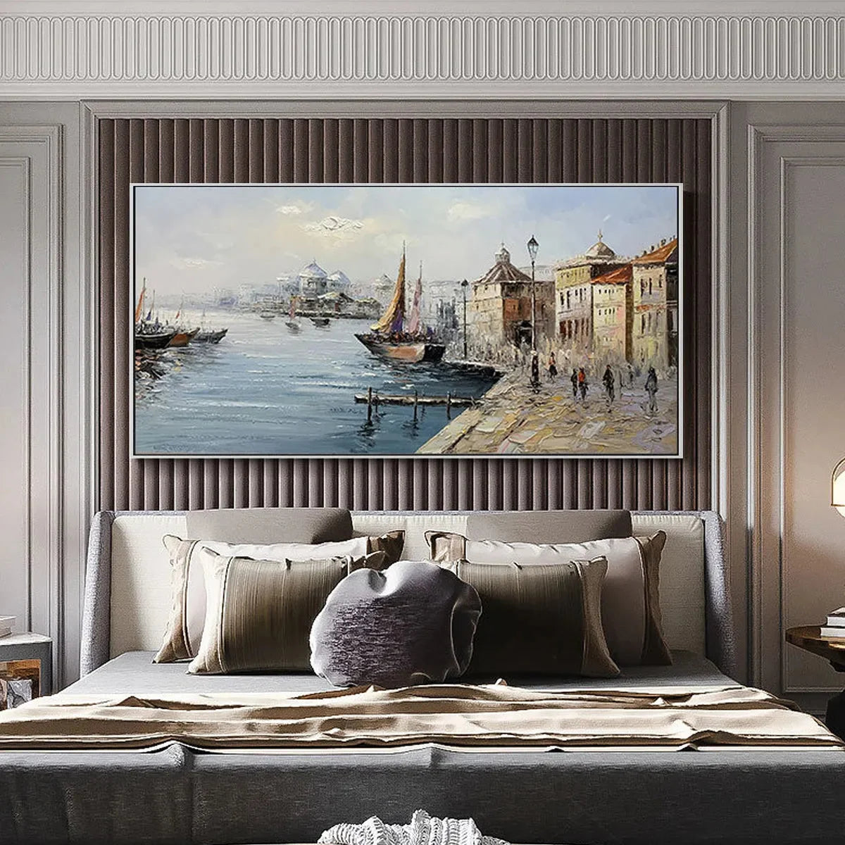 VENETIAN SERENADE: Panoramic Cityscape Oil Painting of Venice | gold frame stretched on neutral wall
