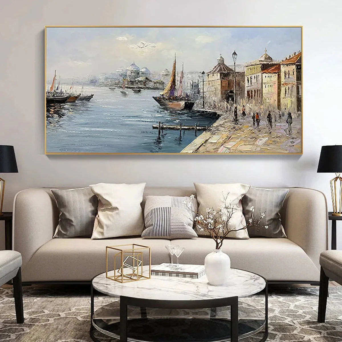 VENETIAN SERENADE: Panoramic Cityscape Oil Painting of Venice | black frame version on white wall