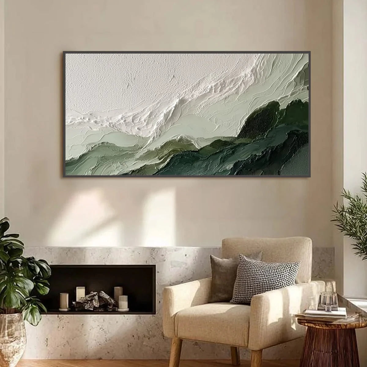 VERDANT ASCENT: Textured Wabi Sabi Mountain Landscape Painting | Landscape closeup, raised brushwork detail