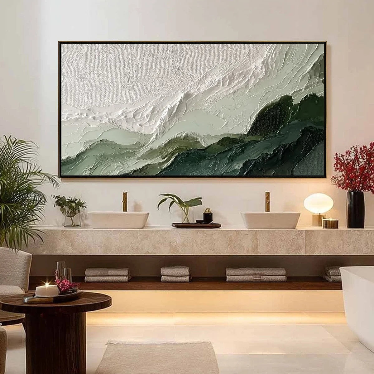 VERDANT ASCENT: Textured Wabi Sabi Mountain Landscape Painting | gold frame stretched on neutral wall