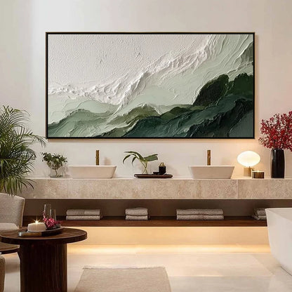 VERDANT ASCENT: Textured Wabi Sabi Mountain Landscape Painting | gold frame stretched on neutral wall