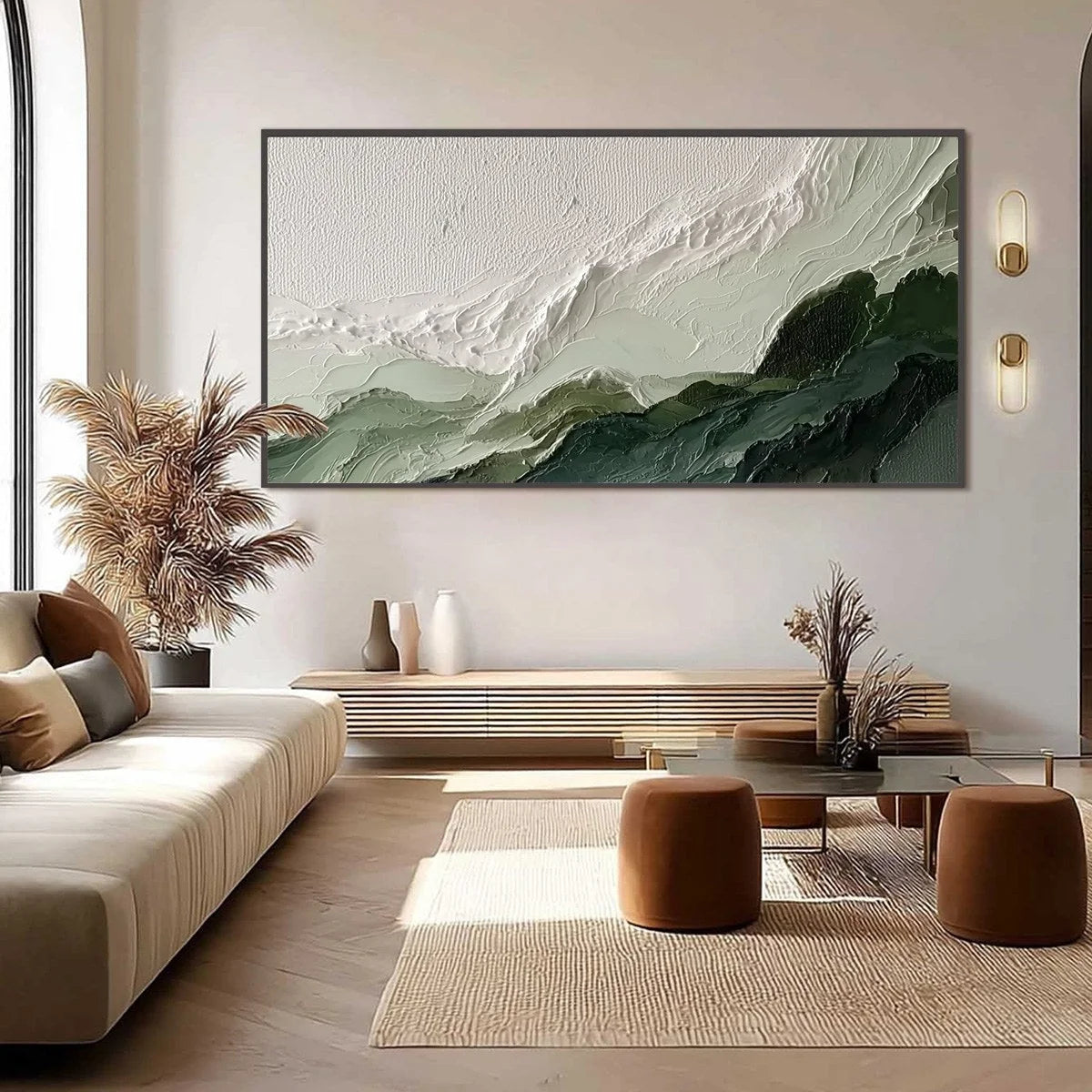 VERDANT ASCENT: Textured Wabi Sabi Mountain Landscape Painting | black frame version on white wall