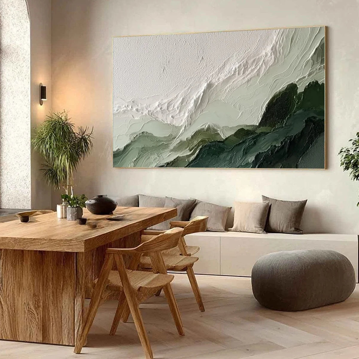 VERDANT ASCENT: Textured Wabi Sabi Mountain Landscape Painting | Landscape mood, soft natural light studio shot