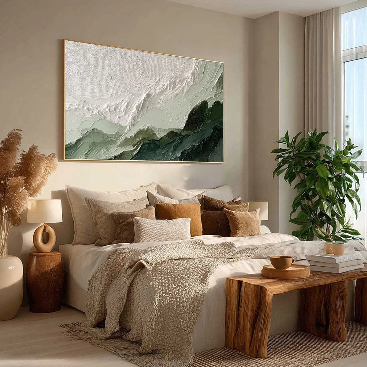 VERDANT ASCENT: Textured Wabi Sabi Mountain Landscape Painting | yellow palette, original oil on stretched canvas art
