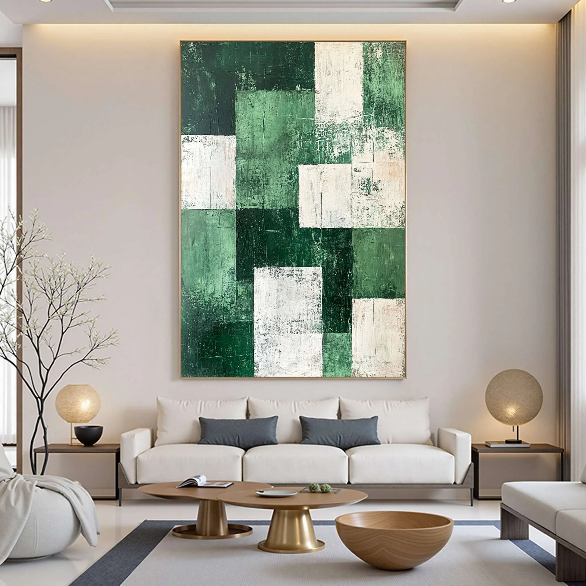 VERDANT BLOCKS: Textured Abstract Grid Oil Painting | Abstract closeup, raised brushwork detail