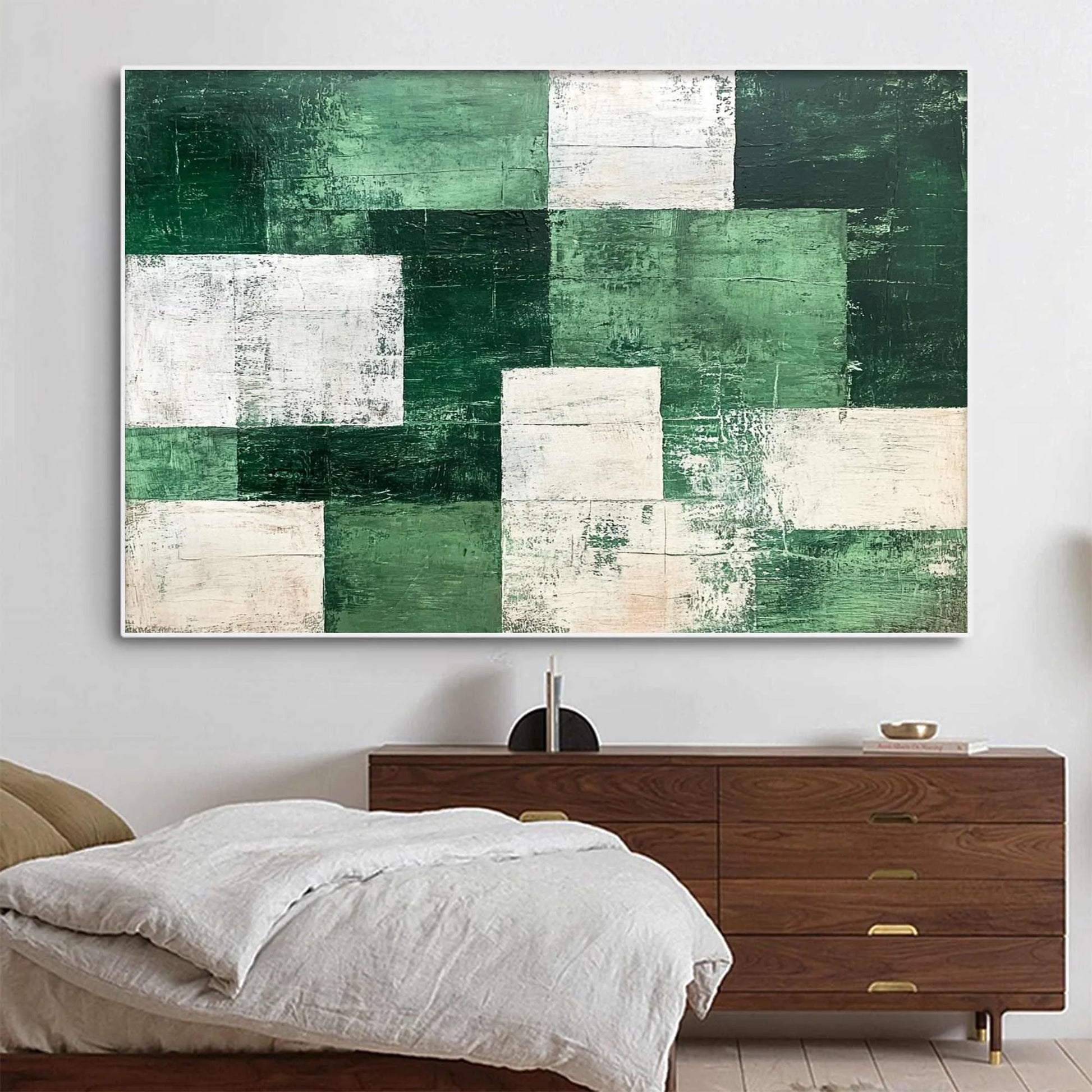 VERDANT BLOCKS: Textured Abstract Grid Oil Painting | rectangular format, hand-painted canvas edge