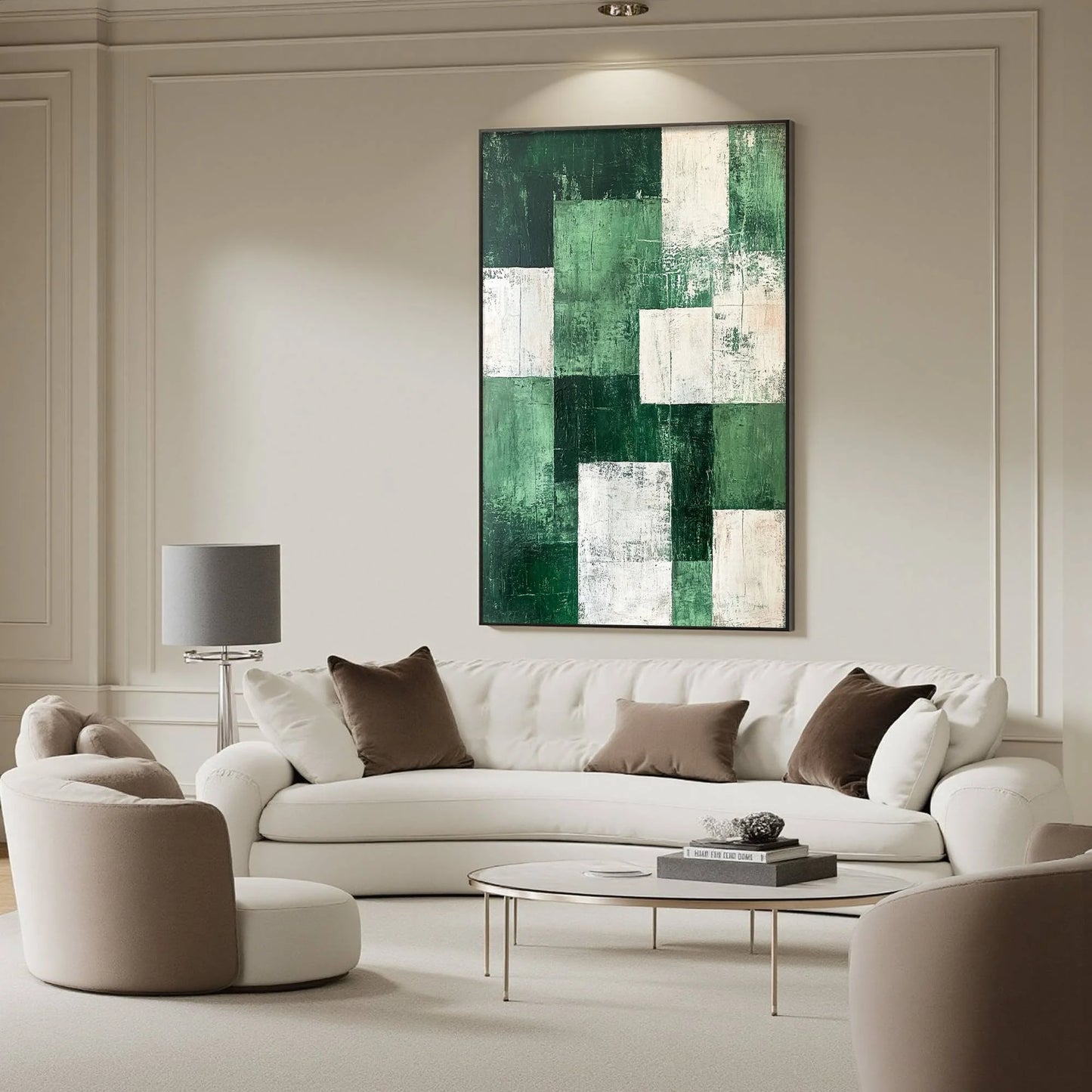 VERDANT BLOCKS: Textured Abstract Grid Oil Painting | gold frame stretched on neutral wall