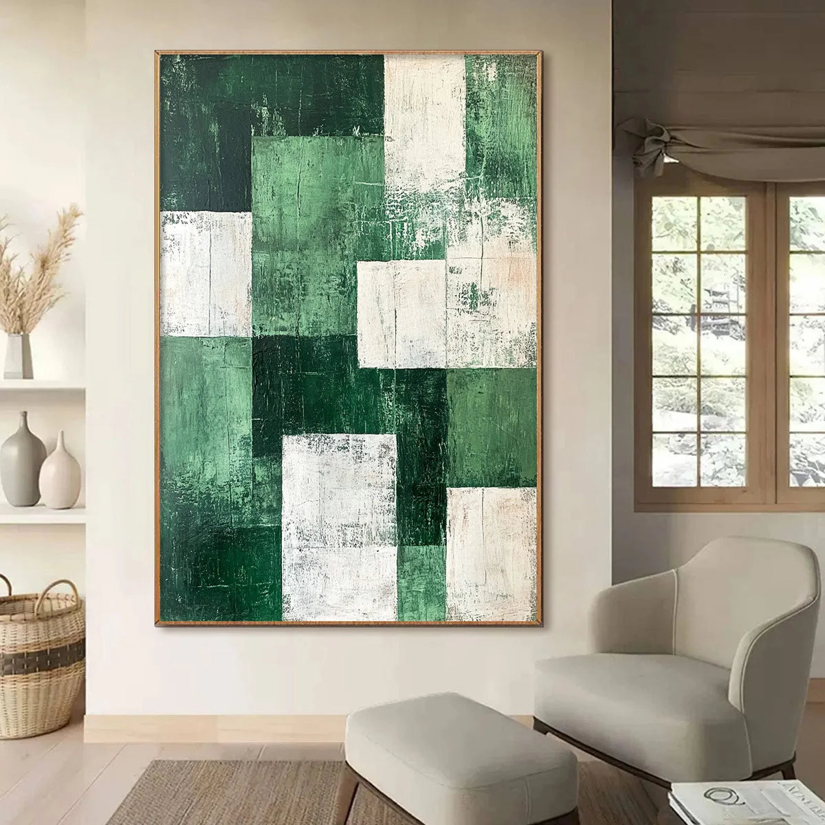 VERDANT BLOCKS: Textured Abstract Grid Oil Painting | rolled canvas, ready for custom framing