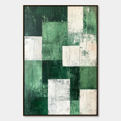 VERDANT BLOCKS: Textured Abstract Grid Oil Painting | hanging in living room, Abstract wall art