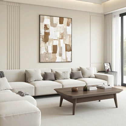 EARTHEN LAYERS: Textured Wabi Sabi Abstract Oil Painting | gold frame stretched on neutral wall
