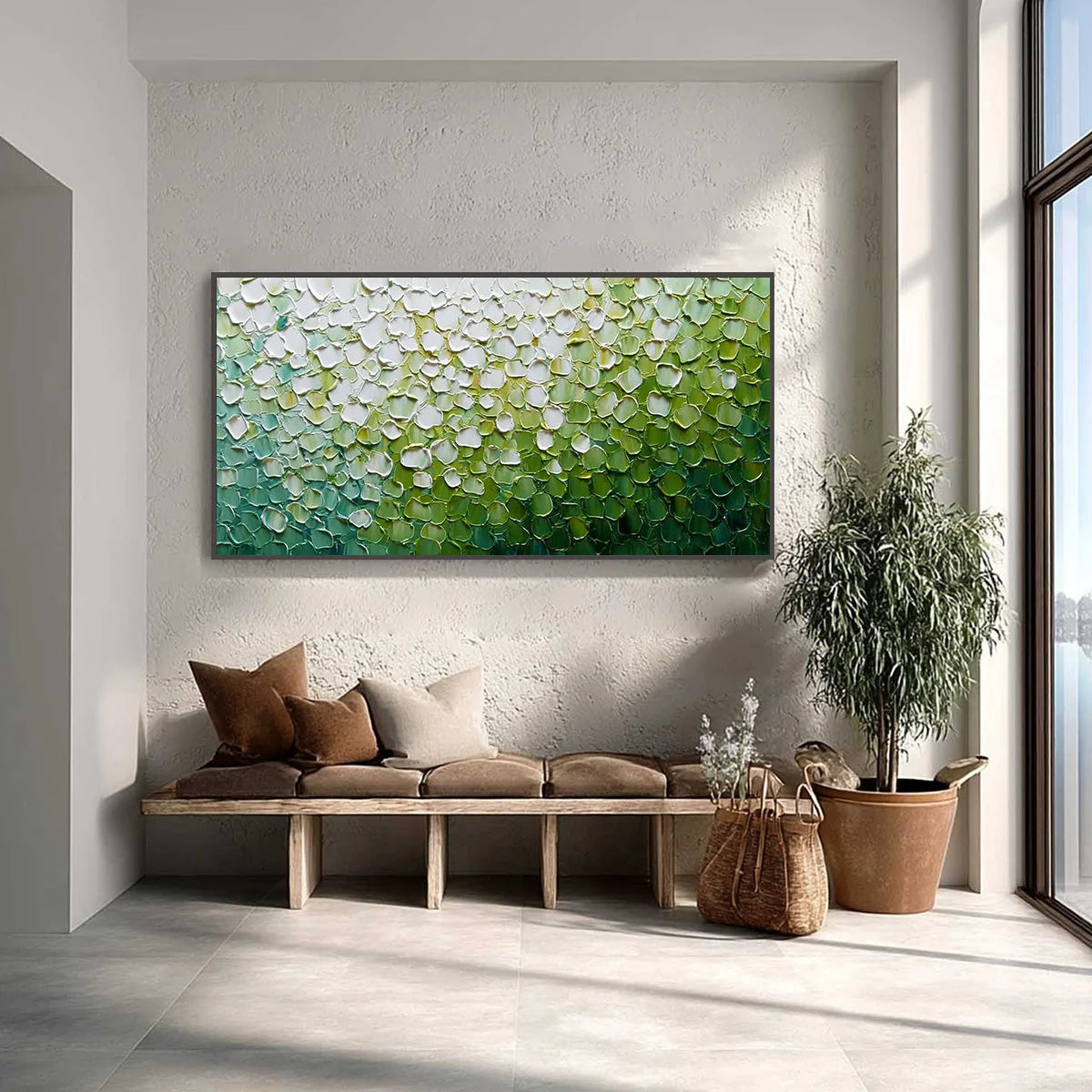 VERDANT BLOOM: Large Green And White Abstract Impasto Painting | Abstract closeup, raised brushwork detail