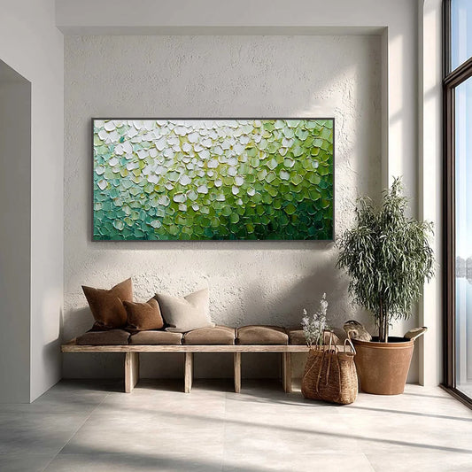 VERDANT BLOOM: Large Green And White Abstract Impasto Painting