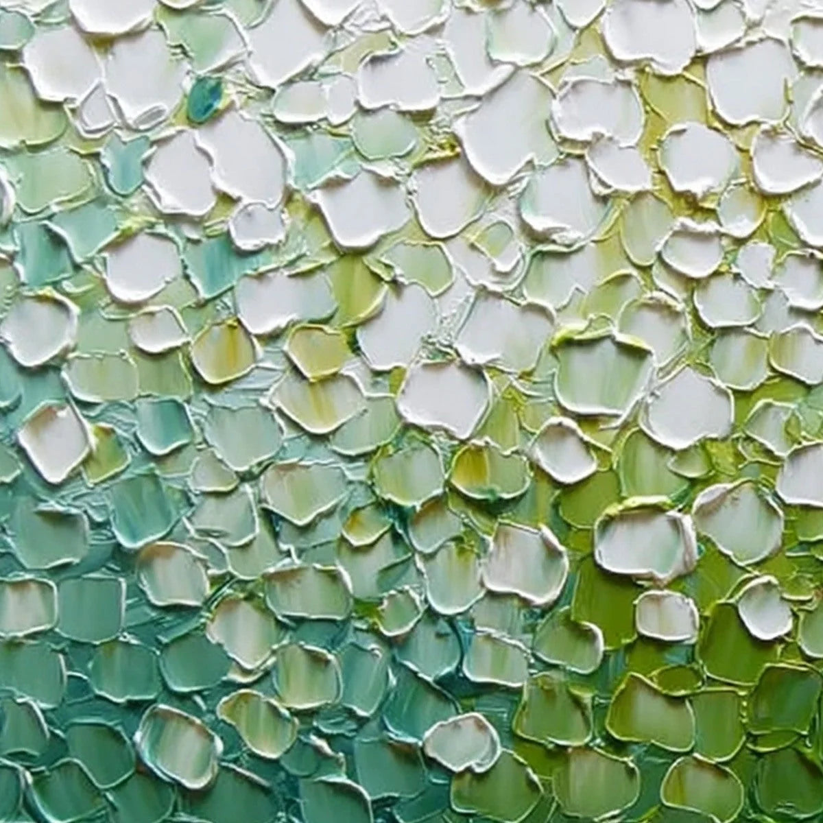 VERDANT BLOOM: Large Green And White Abstract Impasto Painting | rectangular format, hand-painted canvas edge