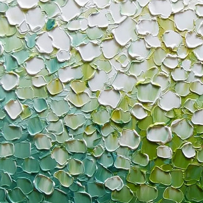 VERDANT BLOOM: Large Green And White Abstract Impasto Painting | rectangular format, hand-painted canvas edge