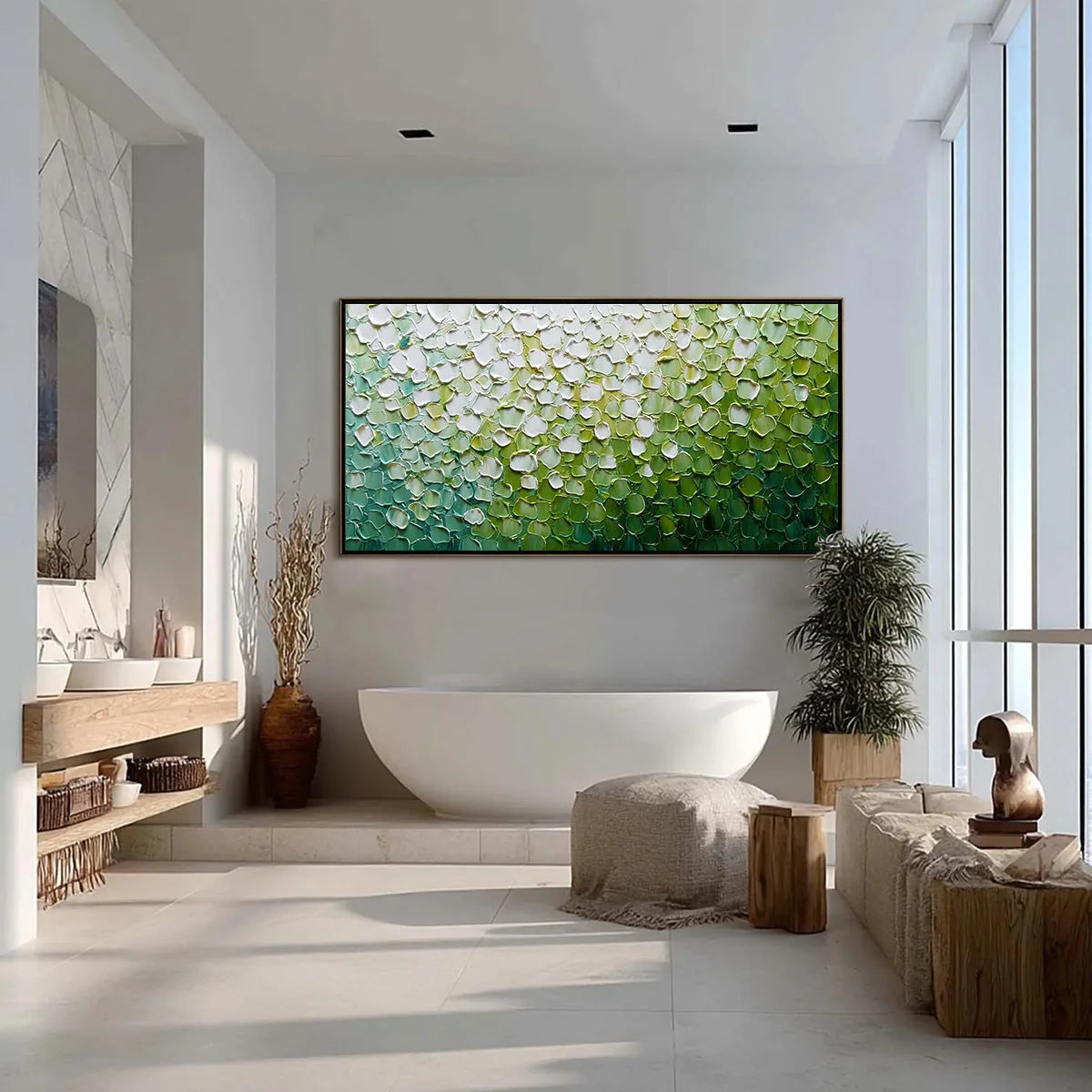 VERDANT BLOOM: Large Green And White Abstract Impasto Painting | gold frame stretched on neutral wall