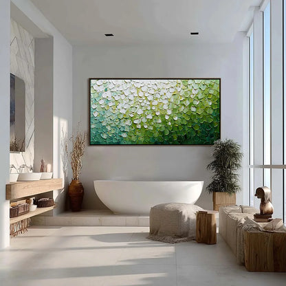 VERDANT BLOOM: Large Green And White Abstract Impasto Painting | gold frame stretched on neutral wall