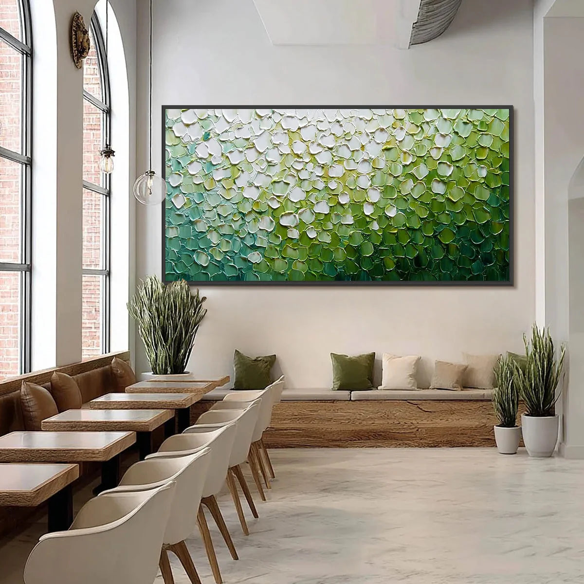 VERDANT BLOOM: Large Green And White Abstract Impasto Painting | black frame version on white wall