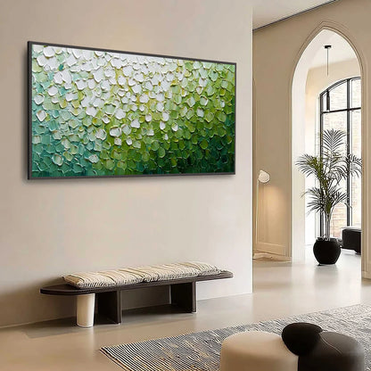 VERDANT BLOOM: Large Green And White Abstract Impasto Painting | Abstract mood, soft natural light studio shot