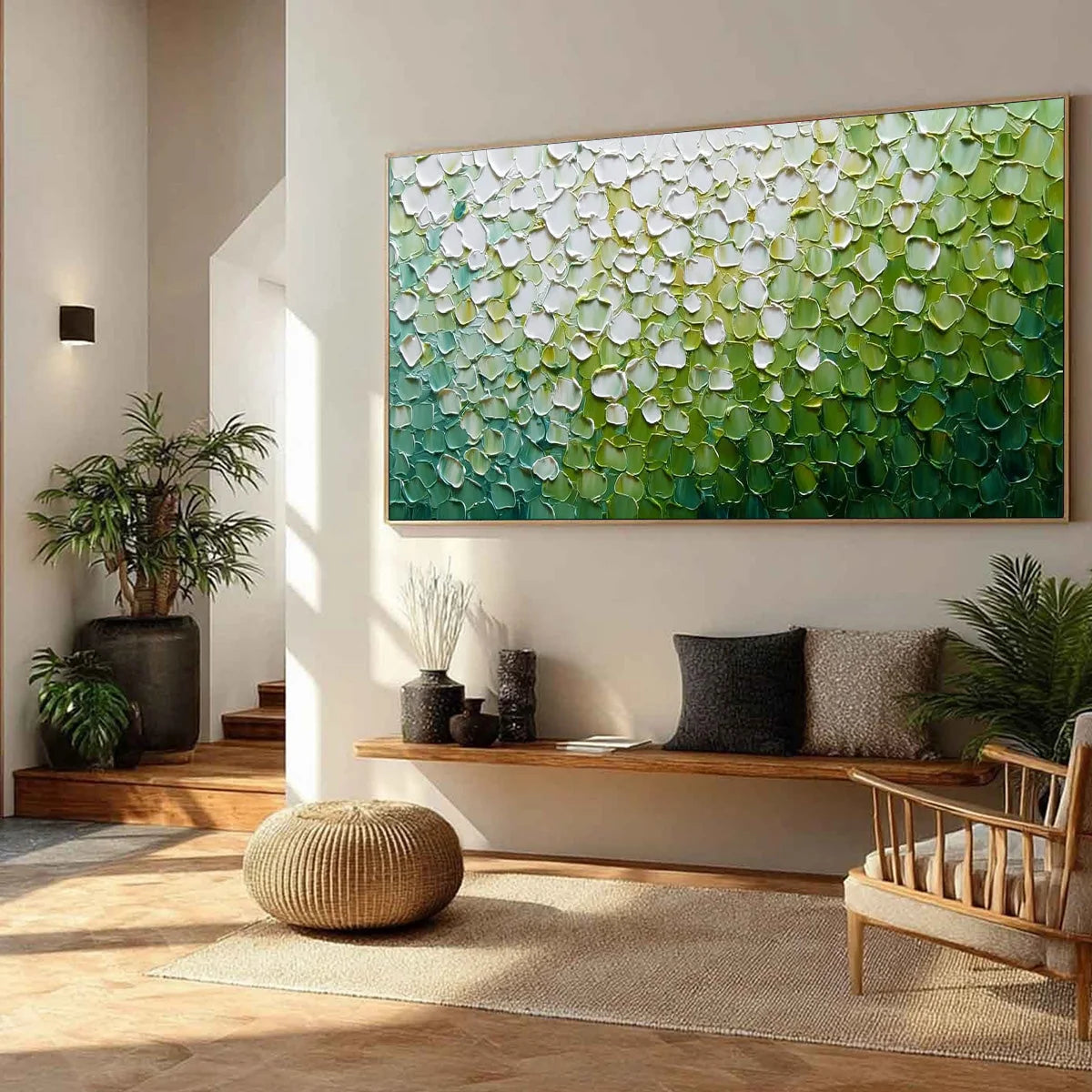 VERDANT BLOOM: Large Green And White Abstract Impasto Painting | green palette, original oil on stretched canvas art