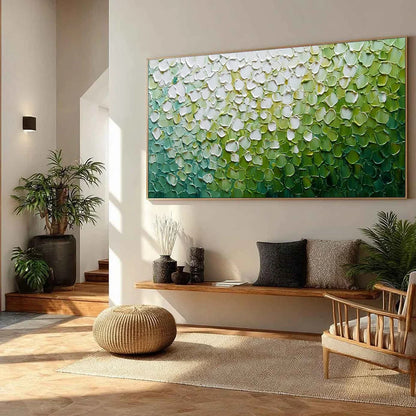 VERDANT BLOOM: Large Green And White Abstract Impasto Painting | green palette, original oil on stretched canvas art
