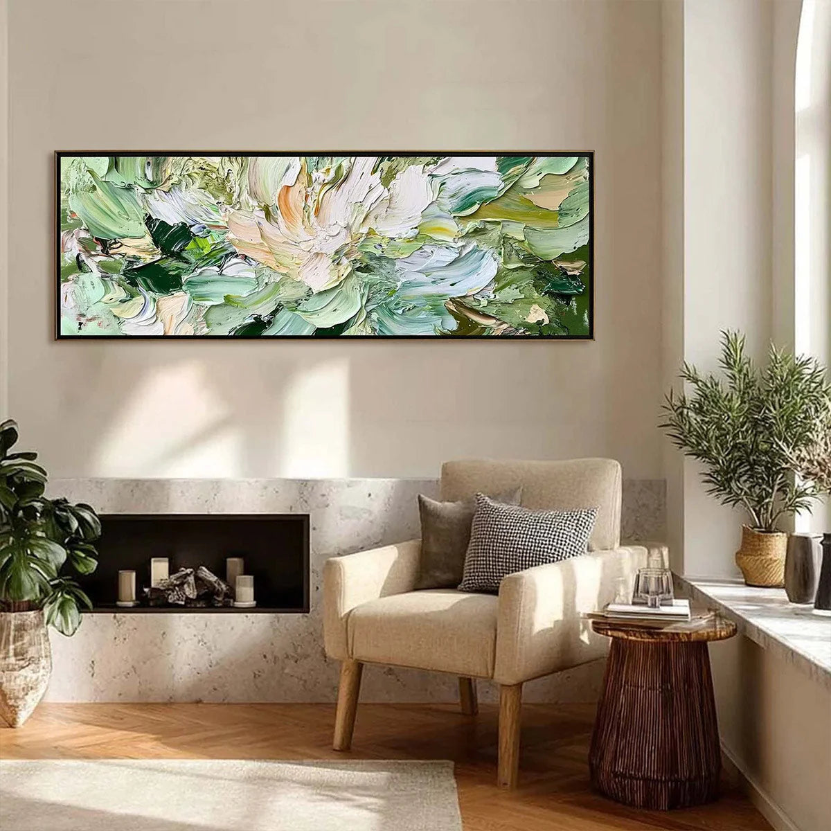 VERDANT BLOOM: Textured Abstract Floral Painting | gold frame stretched on neutral wall