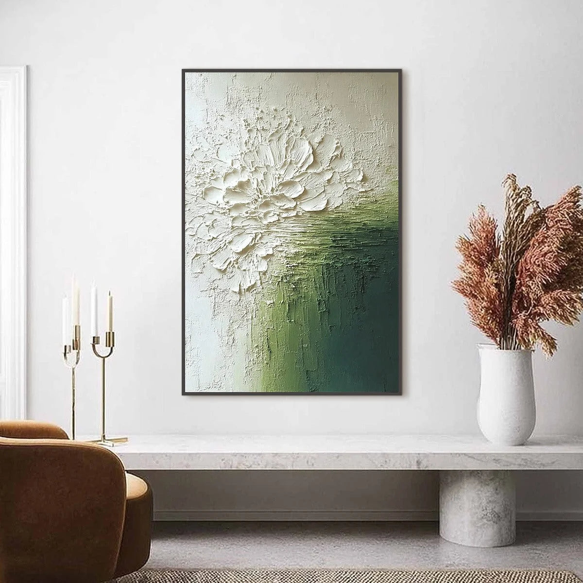 VERDANT BLOOM: Textured Green and White Wabi Sabi Abstract Painting | Abstract closeup, raised brushwork detail