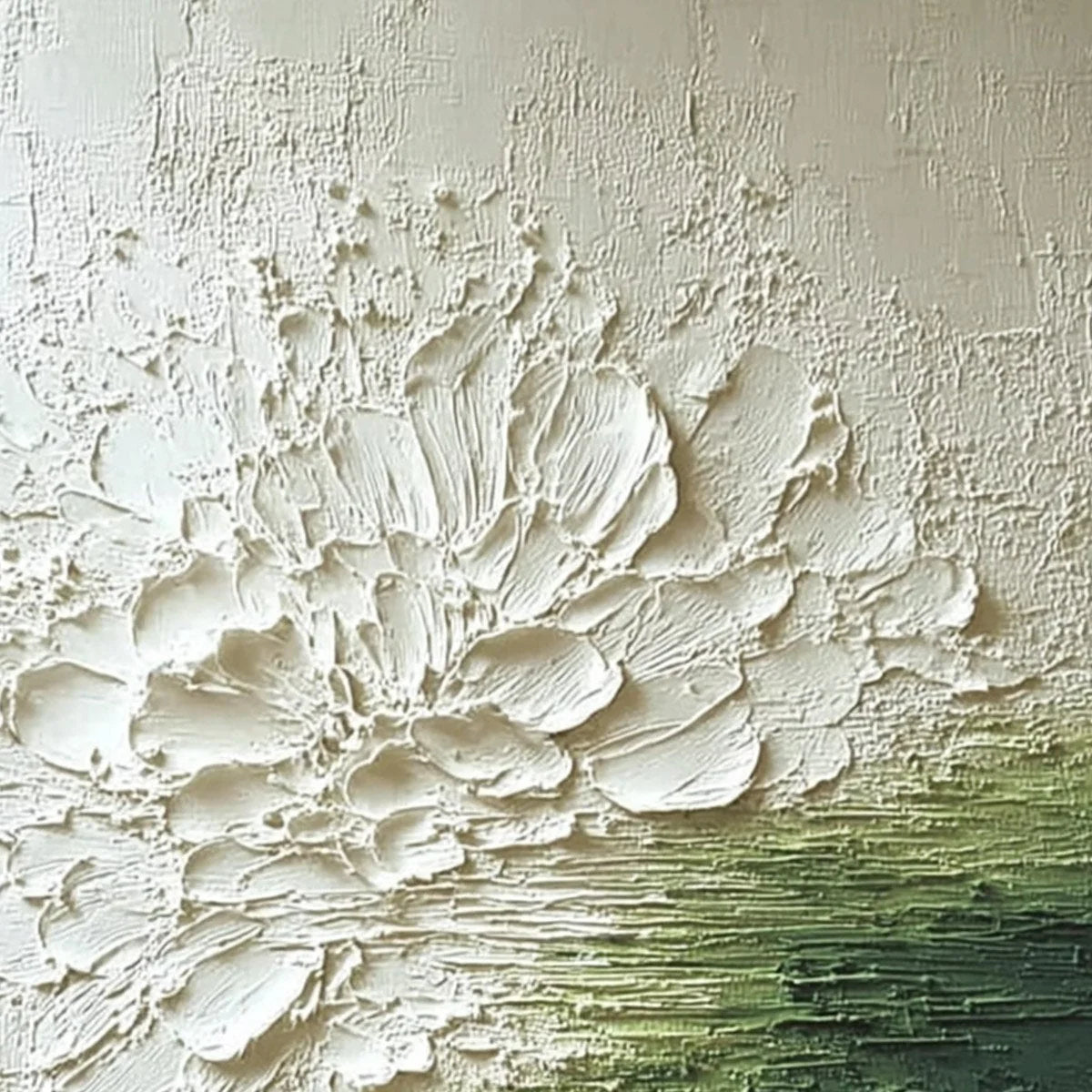 VERDANT BLOOM: Textured Green and White Wabi Sabi Abstract Painting | rectangular format, hand-painted canvas edge