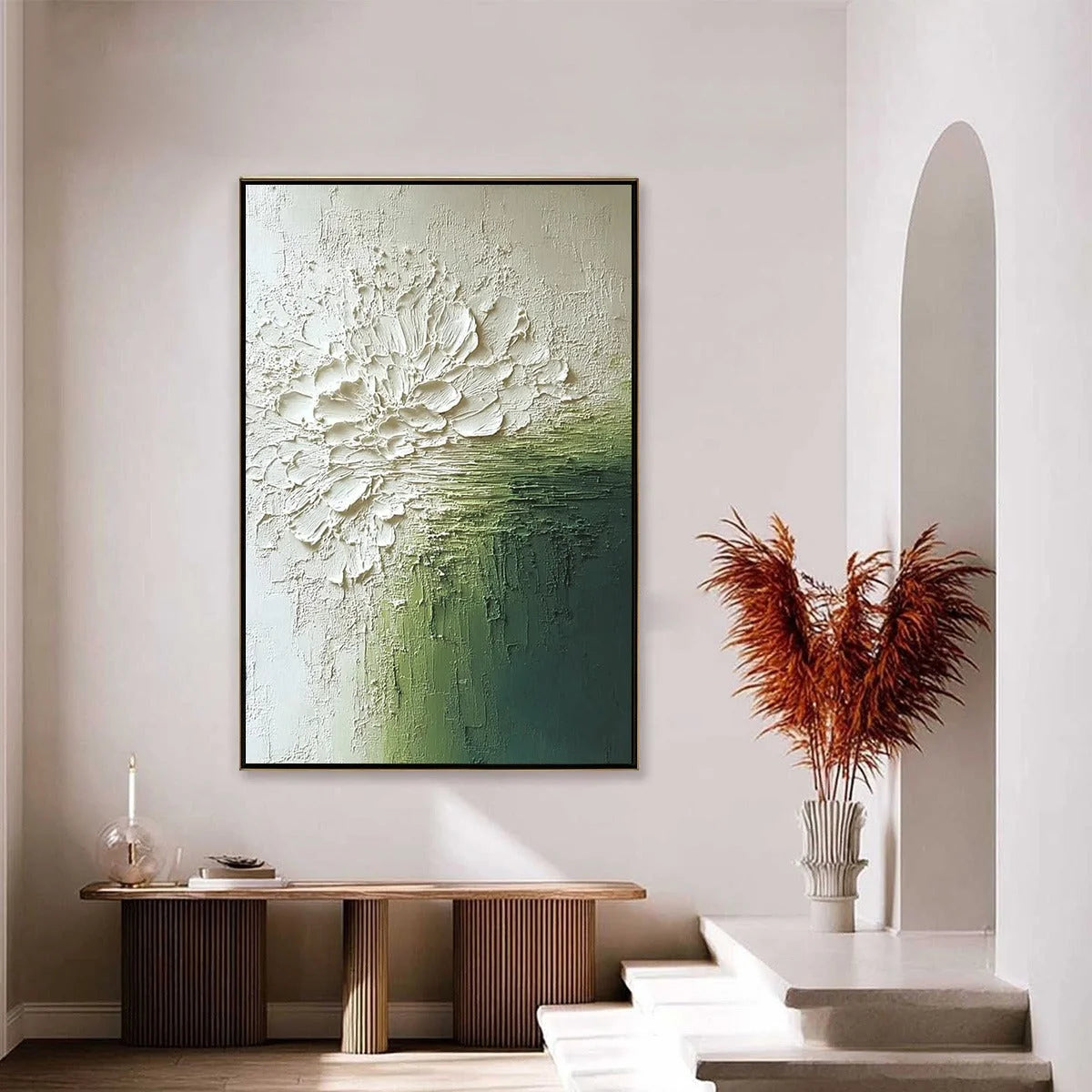 VERDANT BLOOM: Textured Green and White Wabi Sabi Abstract Painting | gold frame stretched on neutral wall