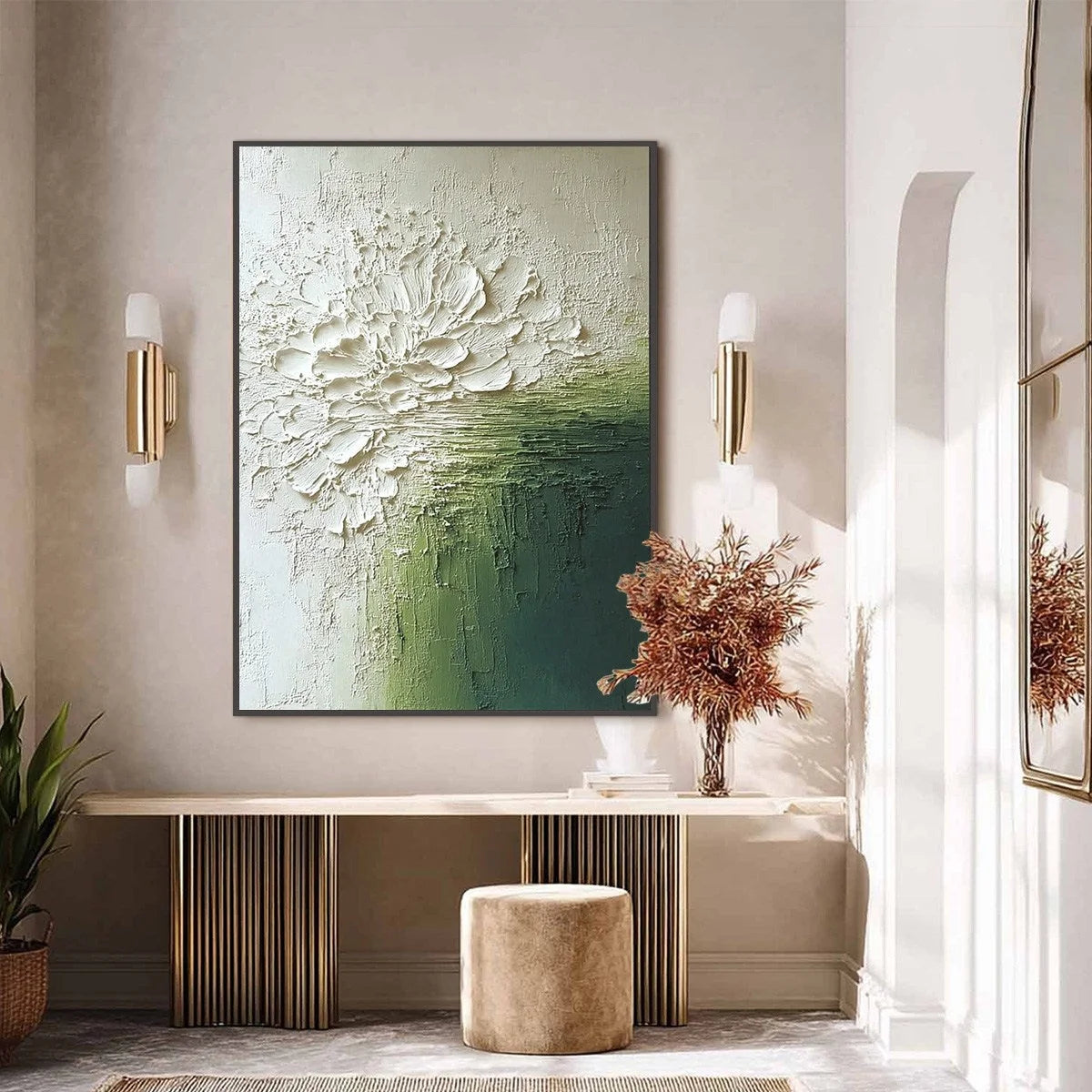 VERDANT BLOOM: Textured Green and White Wabi Sabi Abstract Painting | black frame version on white wall