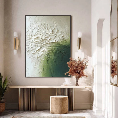 VERDANT BLOOM: Textured Green and White Wabi Sabi Abstract Painting | black frame version on white wall