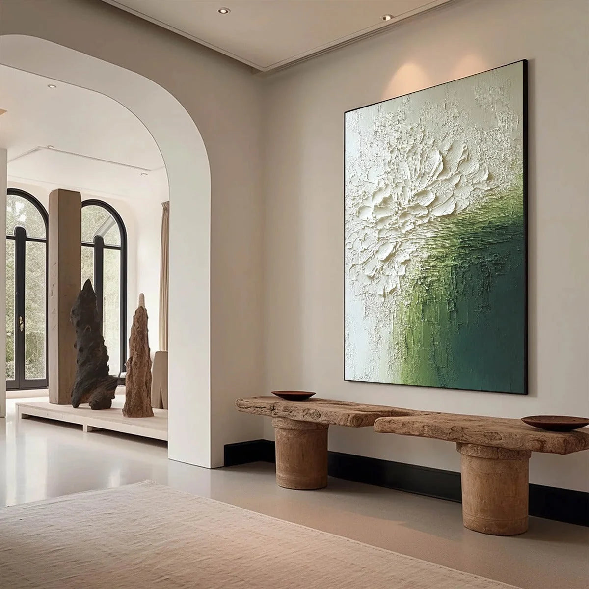 VERDANT BLOOM: Textured Green and White Wabi Sabi Abstract Painting | Abstract mood, soft natural light studio shot