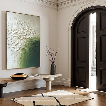 VERDANT BLOOM: Textured Green and White Wabi Sabi Abstract Painting | green palette, original oil on stretched canvas art