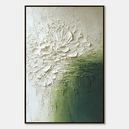 VERDANT BLOOM: Textured Green and White Wabi Sabi Abstract Painting | hanging in living room, Abstract wall art