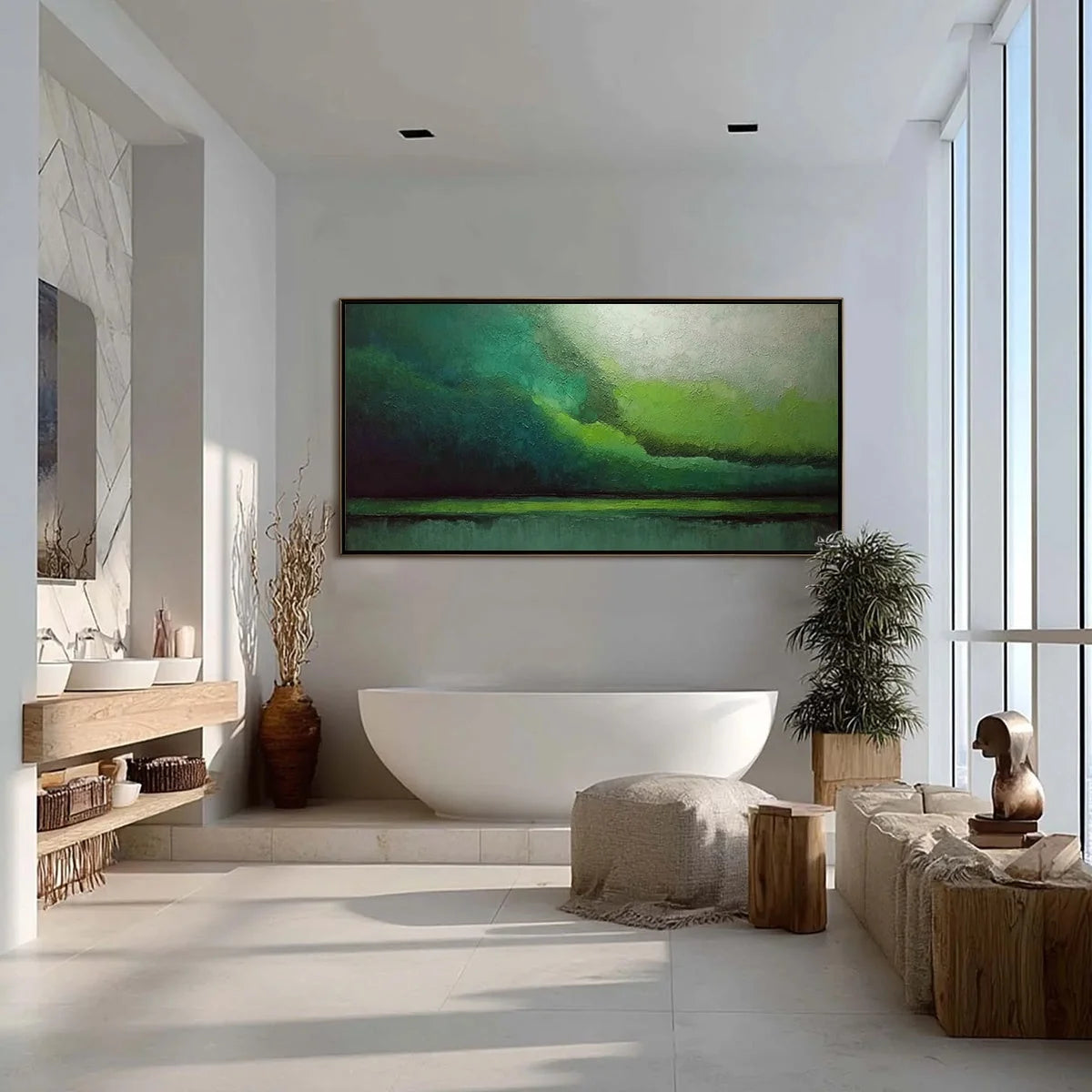VERDANT CALM: Large Green Abstract Landscape Textured Oil Painting | rectangular format, hand-painted canvas edge