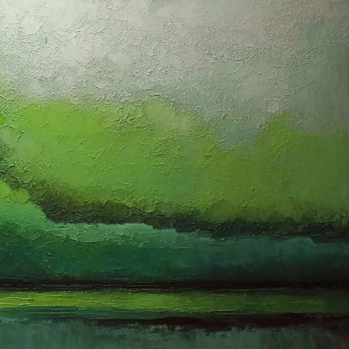 VERDANT CALM: Large Green Abstract Landscape Textured Oil Painting | gold frame stretched on neutral wall