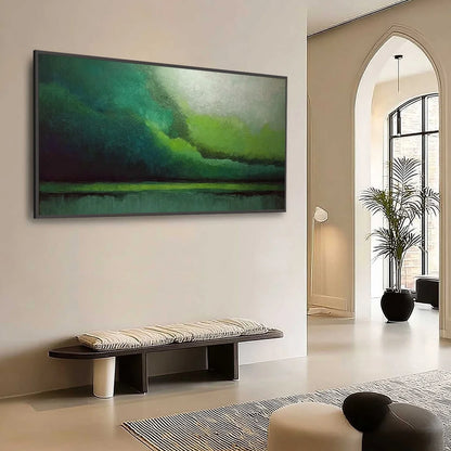 VERDANT CALM: Large Green Abstract Landscape Textured Oil Painting | black frame version on white wall