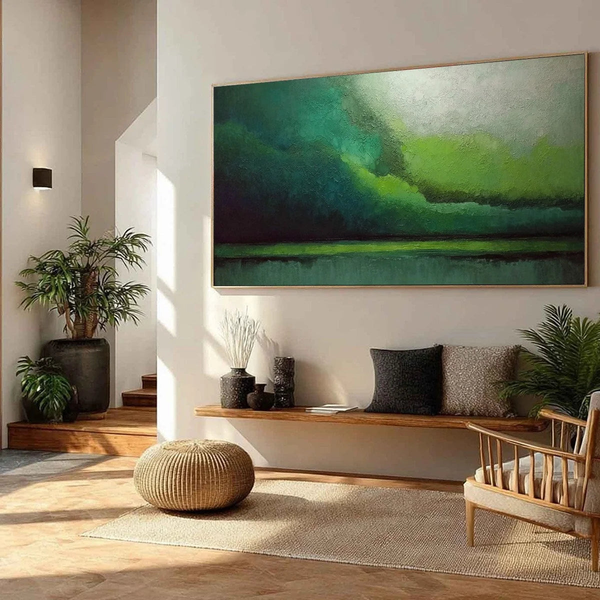 VERDANT CALM: Large Green Abstract Landscape Textured Oil Painting | Abstract mood, soft natural light studio shot