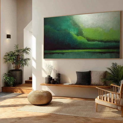 VERDANT CALM: Large Green Abstract Landscape Textured Oil Painting | Abstract mood, soft natural light studio shot