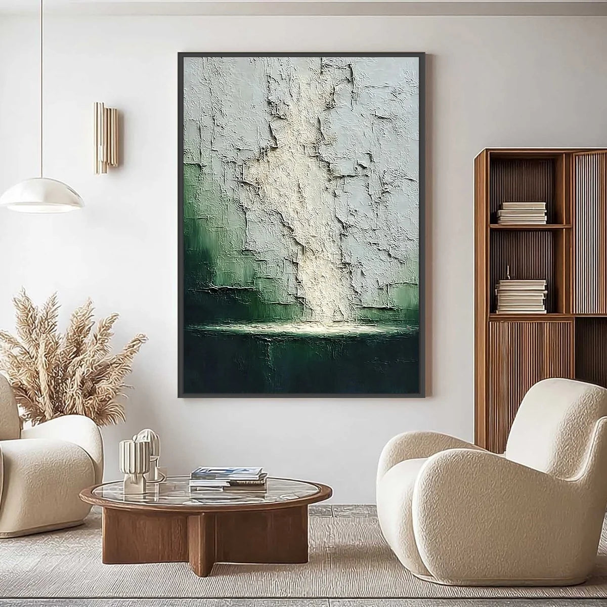 VERDANT CHASM: Textured Wabi Sabi Abstract Landscape Painting | Abstract closeup, raised brushwork detail