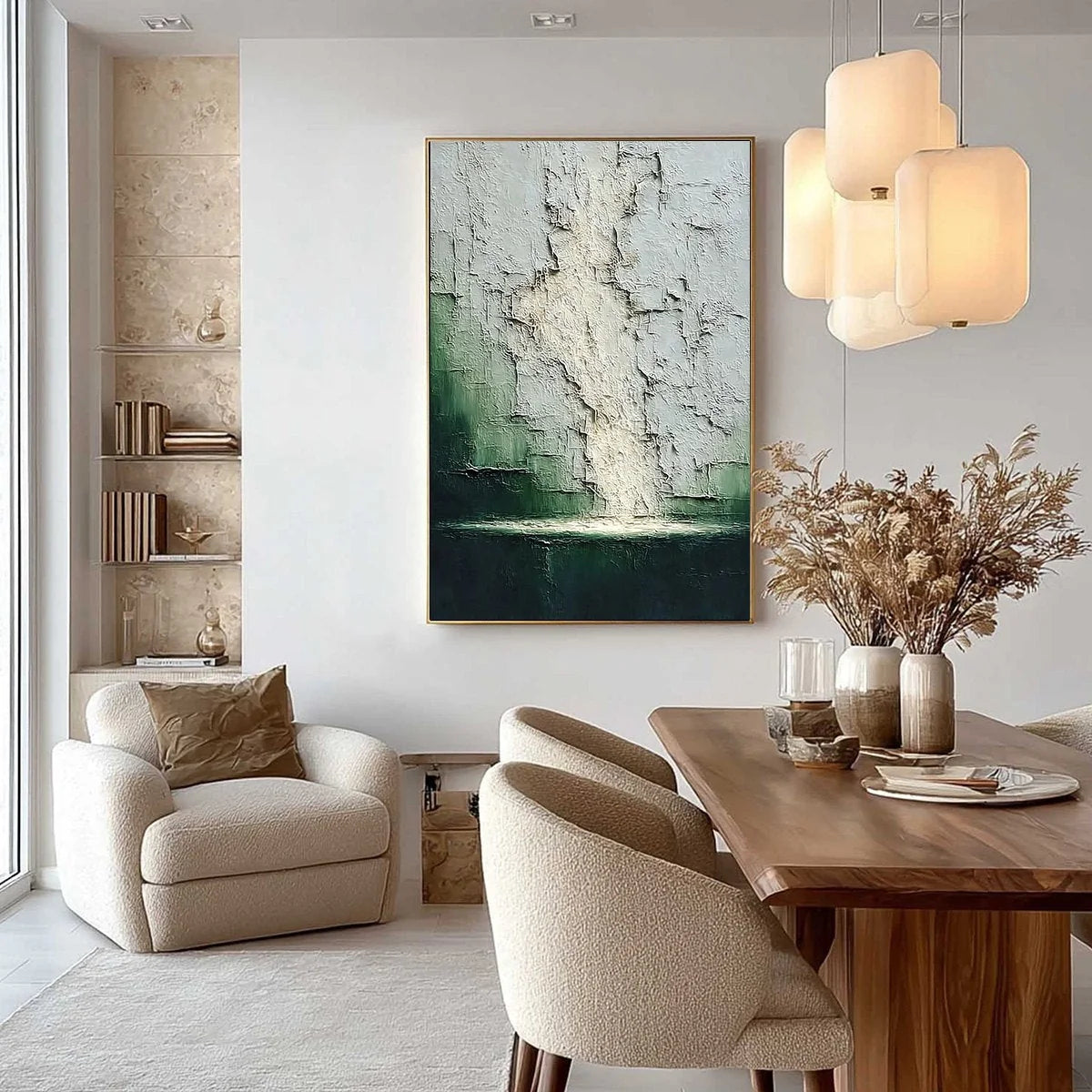 VERDANT CHASM: Textured Wabi Sabi Abstract Landscape Painting | gold frame stretched on neutral wall
