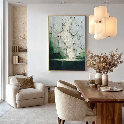 VERDANT CHASM: Textured Wabi Sabi Abstract Landscape Painting | gold frame stretched on neutral wall
